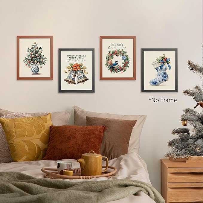 AEHIE Chinoiserie Christmas Tree Bells Wall Art Poster Prints for Home, Xmas Tree Wreath Bow Posters, Chinoiserie Prints Decor, Blue and White Porcelain Christmas Wall Art Unframed 4pcs 8x10inch