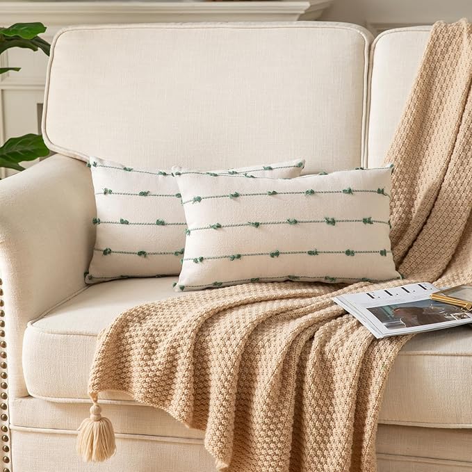 Caflife Boho Throw Pillow Covers 12x20 inches Beige and Green, Set of 2 Modern Farmhouse Decorative Pillow Covers for Couch Bed, Living Room