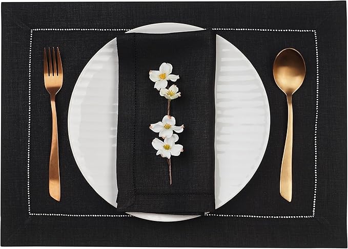 D'Moksha Homes Linen Placemats Set of 6 - Classic Hemstitch Black Placemats 14 x 19 Inch - 100% Pure Linen Table Mats for Winter, Christmas, Holiday - Handcrafted and Machine Washable