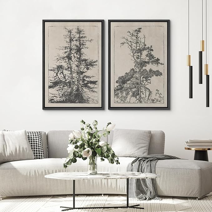 SIGNWIN Framed Canvas Print Wall Art Set Vintage Botanical Tree Sketches Illustrations Modern Art Minimal Boho Relax/Calm for Living Room, Bedroom, Office - 24"x36"x2 Black