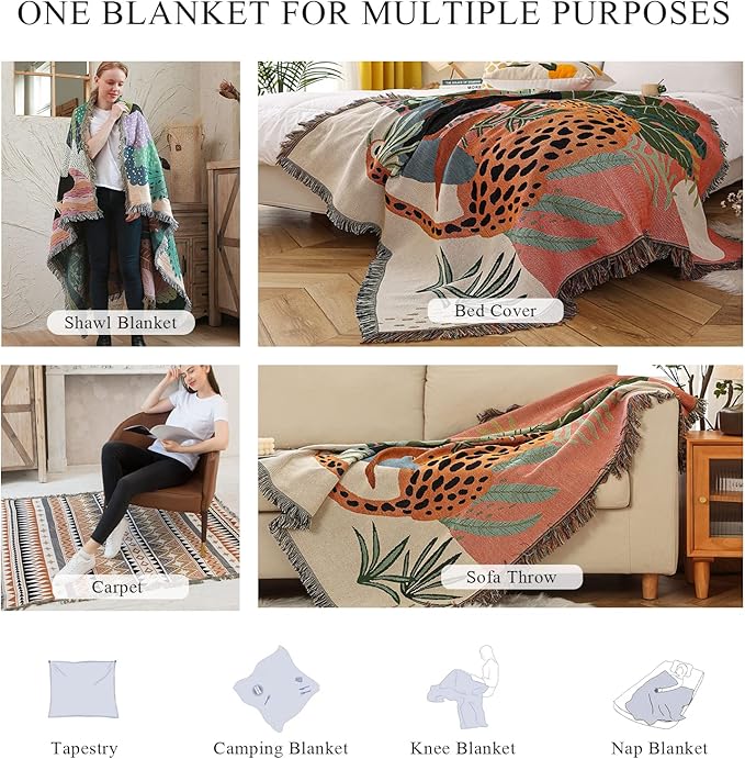 Double-Sided Cotton Woven Throw Blanket with Tassel Jungle Bohemian Style Tapestry Shawl Multi-Function Decorative Throws for Sofa Bed Armchair Camping Blanket Tablecloth Carpet 160x130cm