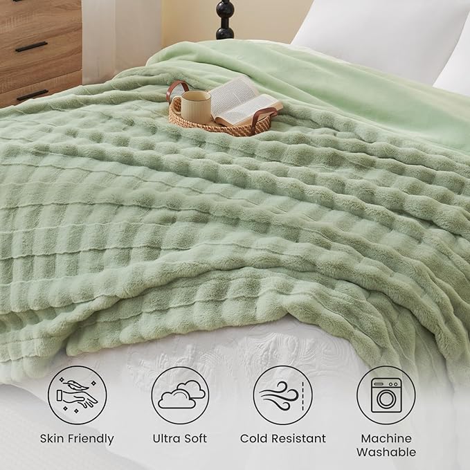 Cozy Bliss Fluffy Faux Fur Blanket King Size for Bed, Fuzzy Soft Striped Plush Blanket, Thick Throw for Bedroom Couch Gift, 108x90 Inches Sage Green