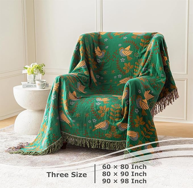 Boho Throw Blanket for Bed 100% Cotton Ultra Soft Rustic Quilt Fall Blanket Bird Floral Printed Farmhouse Decor Bed Blankets,90"×98" All Season Rustic Throw for Sofa Couch Chair