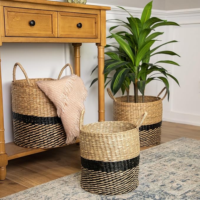 Woven Table and Floor Cylindrical Seagrass Baskets - Black and Beige - Set of 3