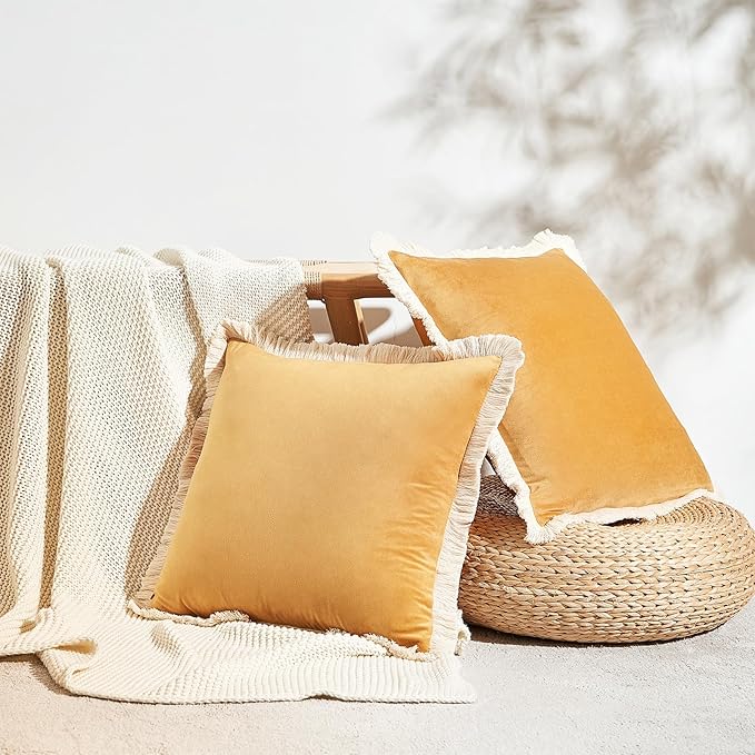 MONDAY MOOSE Decorative Throw Pillow Covers Cushion Cases, Set of 2 Soft Velvet Modern Fringe Tassel Designs, Mix and Match for Home Decor, Pillow Inserts Not Included (Yellow, 20x20 inch)