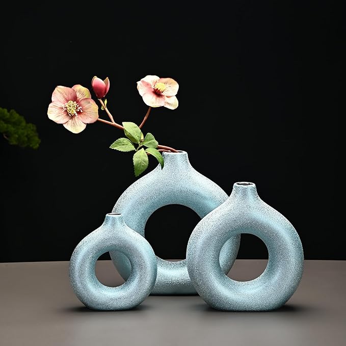 Modern Donut-Shaped Decorative Vases, Handmade Minimalist Boho ins Style, Modern Vase for Home Decor for Wedding Dinner Table Party Living Room Office Bedroom (Blue-Gold, Large + Small)