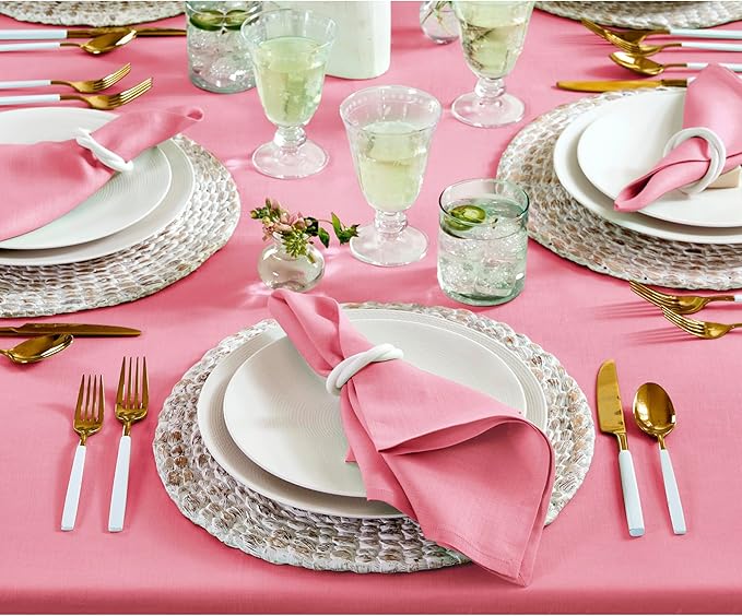 Solino Home Linen Tablecloth 52 x 52 Inch - 100% Pure Linen Pink Carnation Square Tablecloth - Fete, Machine Washable Table Throw