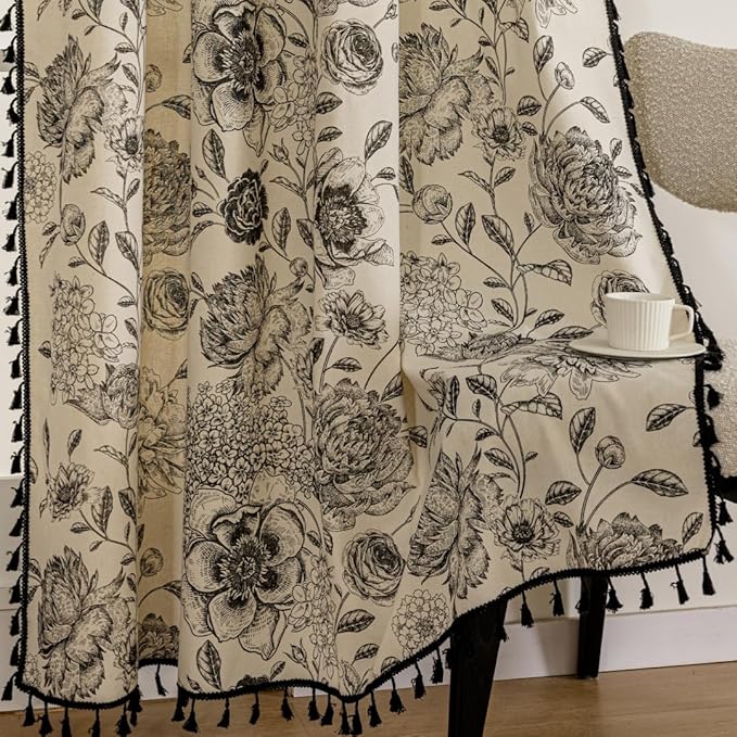 F-CHU Bohemian Curtains for Bedroom 63 Inch Length French Country Floral Drapes Farmhouse Rustic Window Curtain Panels for Bedroom Chic Cotton Linen Blend Toile Curtain，2 Panel