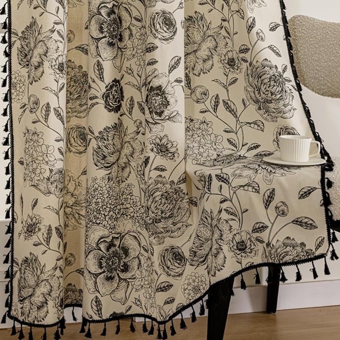 F-CHU Bohemian Curtains for Bedroom 63 Inch Length French Country Floral Drapes Farmhouse Rustic Window Curtain Panels for Bedroom Chic Cotton Linen Blend Toile Curtain，1 Panel
