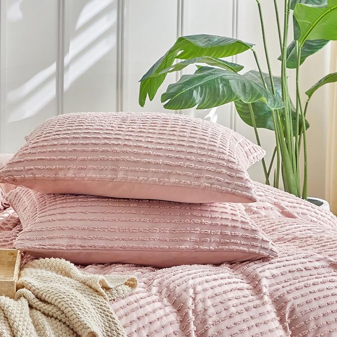 WARMDERN Boho Duvet Cover Set Queen Size, Pink Striped Duvet Cover Microfiber Bedding Set, 3PCS Ultra Soft Breathable Lightweight Tuft Texture Duvet Covers with Zipper Closure(Pink, Queen)