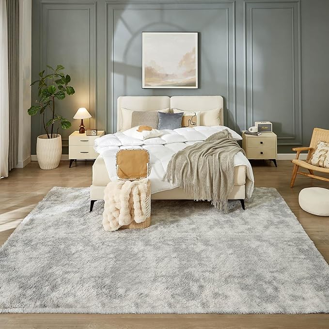 Floralux 9x12 Living Room Rug, Tie-Dyed Light Grey, Large Shag Bedroom Rugs, Soft Fluffy Shaggy Carpets, Machine Washable Area Rugs for Dorm Home Decor Aesthetic