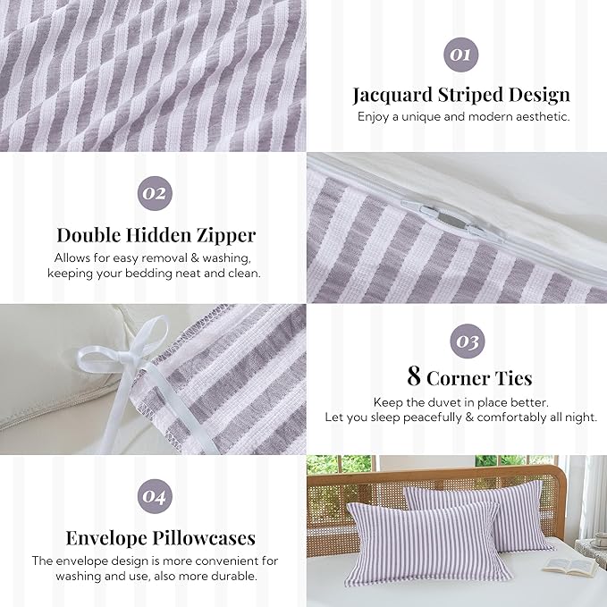 MILDLY Purple Striped Duvet Cover - 100% Washed Cotton Jacquard Boho Textured Comforter Cover 3pcs with Corner Ties Zipper Closure 90"x90"