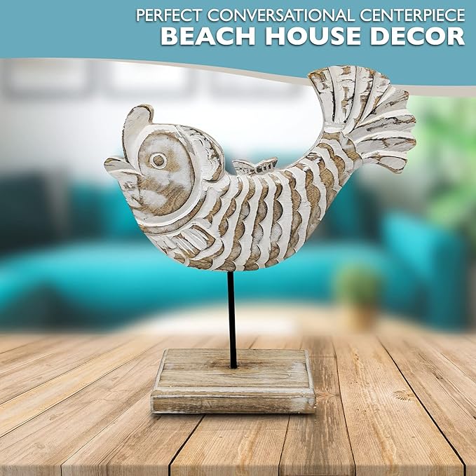 Farmhouse World Wooden Fish Home Decor | Handmade Fish Statue on Base Stand Sea Nautical Beach House Decor Art Piece | Rustic Table Decor for Office, Living Room (Koi Fish)