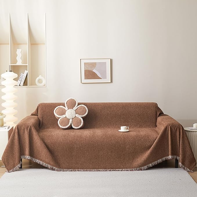 MEETSKY Sofa Covers Washable Sectional Couch Covers 3 Cushion Slipcover Simply Put Furniture Protector with Tassels for Kids, Dogs, Pets, 91"x 134", Camel