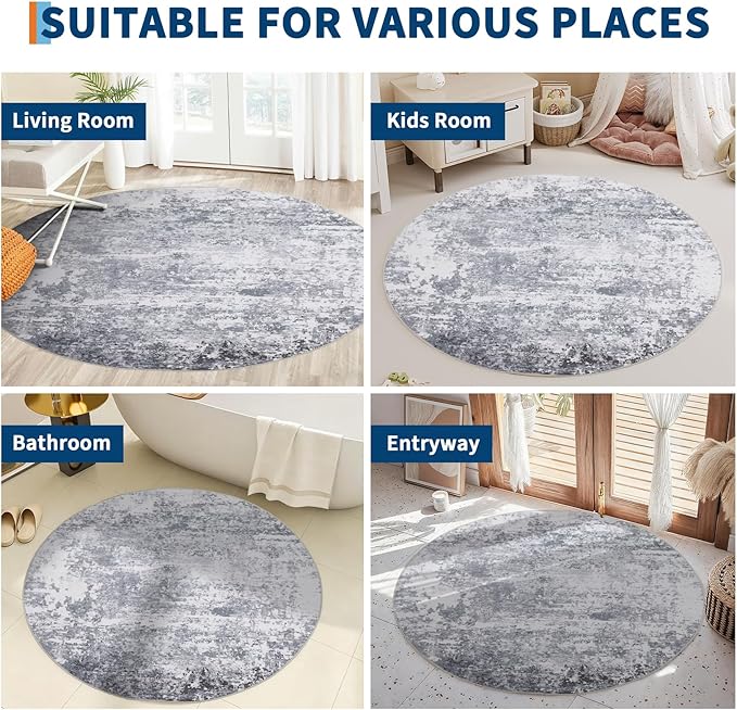 Modern Abstract 4x4 Round Area Rug Non Slip Non Shedding Rug Low Pile Stain Resistant for Bedroom Living Room Office Dining Room,Light Grey