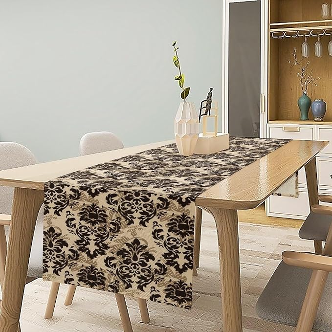 Farmhouse Damask Table Runner Brown Damask Patterned Baroque Table Runner for Kitchen Dining Party Decor 13x72in