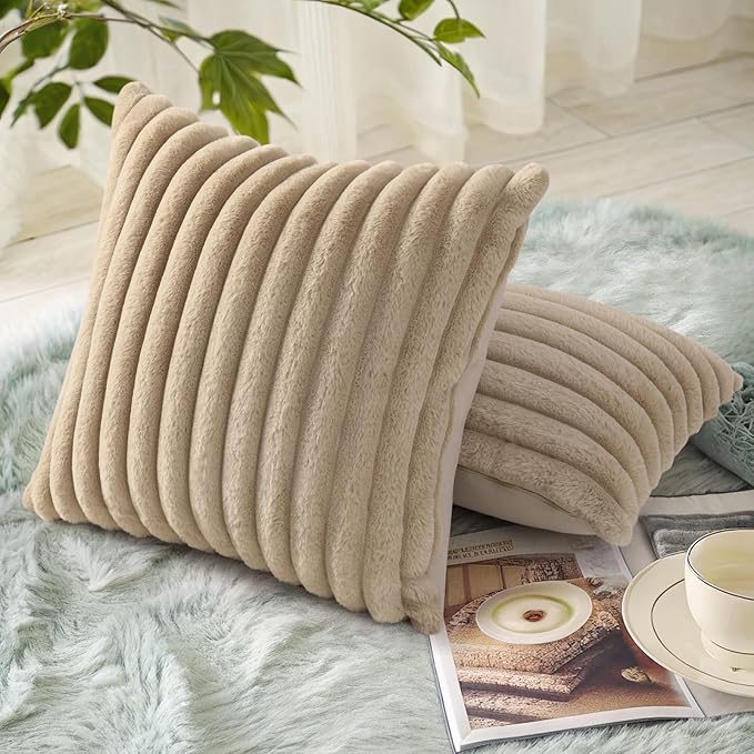 decorUhome Faux Fur Christmas Throw Pillow Covers 22x22 Set of 2, Decorative Soft Plush Striped Neutral Couch Euro Pillow Covers with Velvet Back for Sofa, Bed, Living Room Home Decor, Khaki Brown