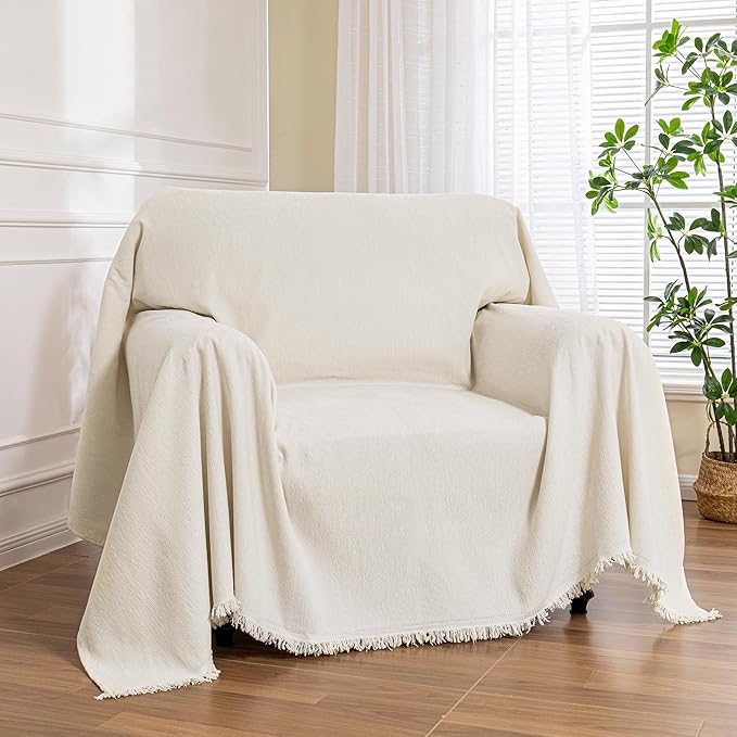 MEETSKY Small Couch Cover Oversized Chair Cover Washable Armchair Sofa Cover for Dog, Couch Protector for Sofa Single Cover, Sofa Throw Cover with Tassel, 71" x 91", Beige