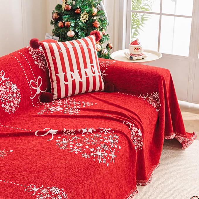 hyha Couch Cover for Dogs, Boho Sofa Covers for 3 Cushion Couch Washable, Chenille Sofa Slipcover for Pets, Soft Loveseat Sectional Couch Throw Blankets with Tassels (Red Snowflakes, 71x150 Inch)