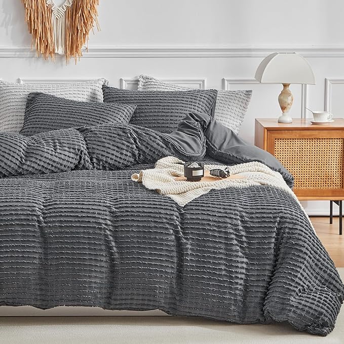 WARMDERN Boho Duvet Cover Set Queen Size,Dark Grey Striped Duvet Cover Microfiber Bedding Set,3PCS Ultra Soft Breathable Lightweight Tuft Texture Duvet Covers with Zipper Closure(Dark Grey,Queen)