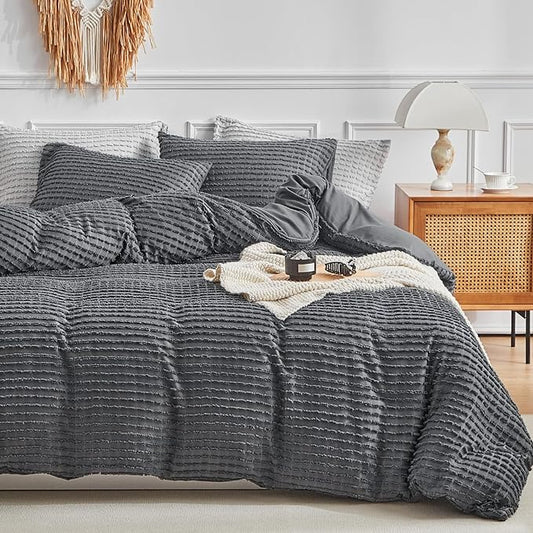 WARMDERN Boho Duvet Cover Set Queen Size,Dark Grey Striped Duvet Cover Microfiber Bedding Set,3PCS Ultra Soft Breathable Lightweight Tuft Texture Duvet Covers with Zipper Closure(Dark Grey,Queen)