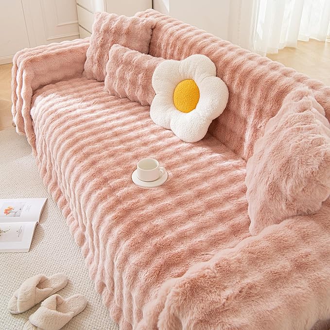 HANDONTIME Faux Fur Plush Sofa Covers for Couch Washable Rabbit Plush Couch Cover Cozy Faux Fur Sectional Covers for Dogs Fluffy Plush L Shaped Sofa Cover Pet Couch Protector, 71" X150", Pink