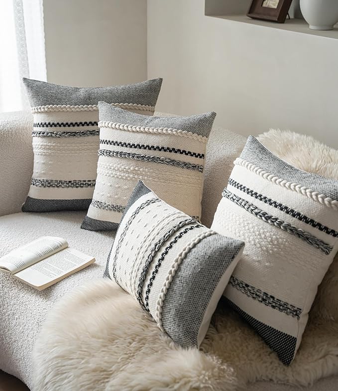 Boho Throw Pillow Covers 18x18 Inch Set of 2, Black Textured Decorative Couch Pillow Cases for Farmhouse Home Decor, Accent Cushion Cover for Sofa, Bed, Living Room, Bedroom