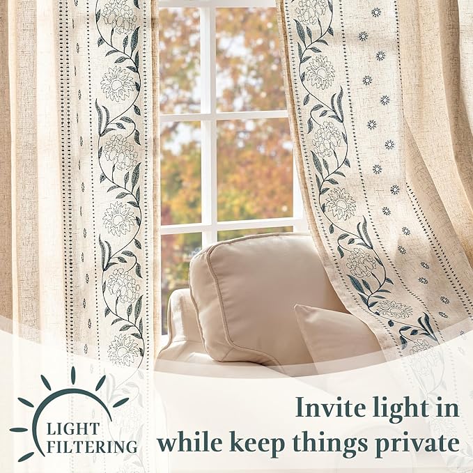 jinchan Winslow Lined Linen Curtains for Bedroom 84 Inches Linen Blended Embroidered Bordered Floral Curtains for Living Room Farmhouse Decor Window Treatments Blue on Beige Drapes 2 Panels