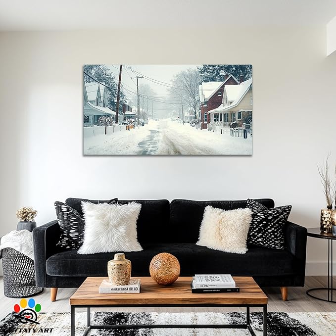 GUTTATY Christmas Winter Scene Canvas Wall Art, Snowy Neighborhood Pictures, Home Canvas Artwork, Subtle Poster Print, Cozy Wall Decor for Living Room, Bedroom, Holiday Hanging Artwork, 32x16 Inch