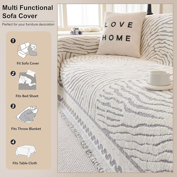ROOMLIFE Thicked Striped Couch Cover with Tassel Gray Chenille Sofa Cover Blanket for Sectional Sofa, Soft Sofa Slipcovers for L Shaped Love Seat 2-3 Cushion Couch Anti Slip Sofa Protector, 71"x134"