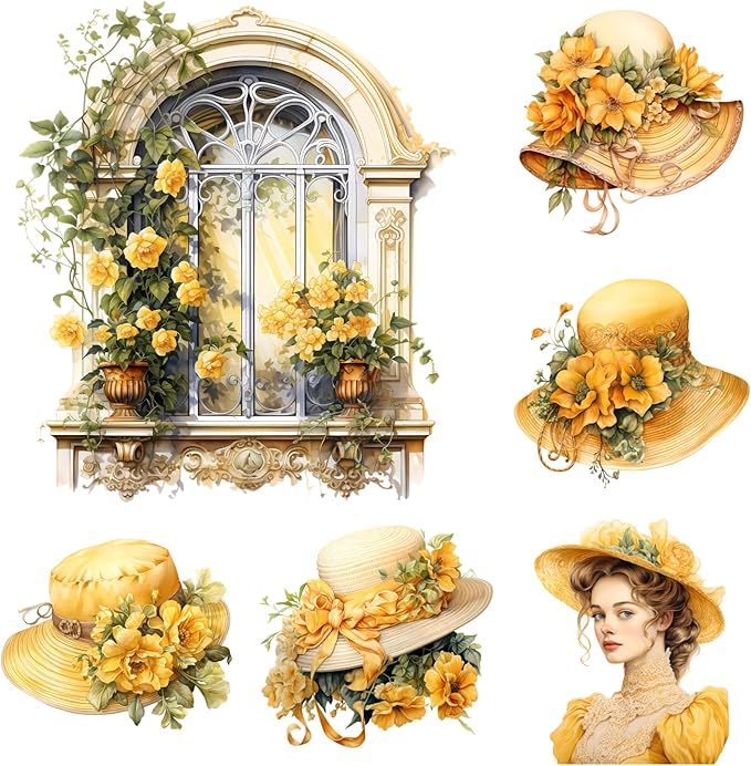 XERE 84 Pcs Yellow Victorian Era Scrapbook Stickers Set, Aesthetic Sticker for Scrapbooking and Journaling, Junk Journal Supplies, Bullet Journals Materials, Planner Arts Craft Collage Supplies