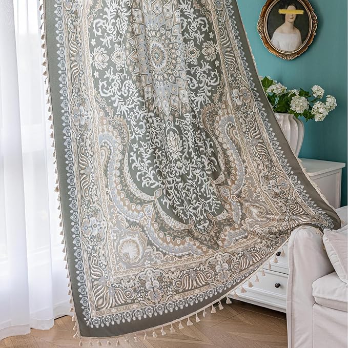 Popular Handicrafts Printed Curtains for Living Room 63 Inches Long Indian Hippie Bohemian Curtains Rod Pocket Light Filtering 2 Panels, Green