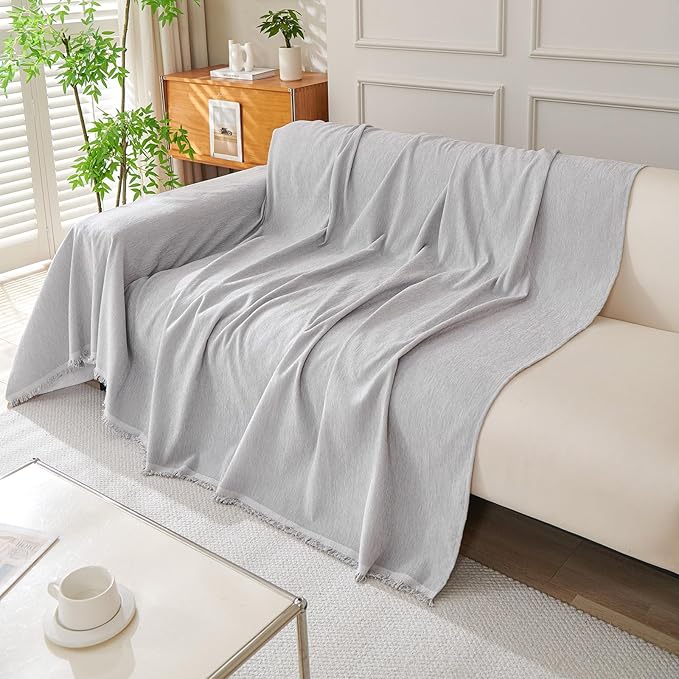 DREAMINGO Sofa Covers Washable Thick Chenille Couch Cover for 3 Cushion Couch Sofa Multi-Use Couch Cover Blanket Modern Pet Furniture Protector Sectional Couch Slipcover 91"x134", Light Grey