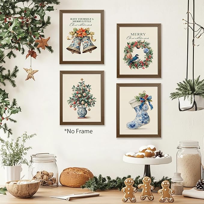 AEHIE Chinoiserie Christmas Tree Bells Wall Art Poster Prints for Home, Xmas Tree Wreath Bow Posters, Chinoiserie Prints Decor, Blue and White Porcelain Christmas Wall Art Unframed 4pcs 8x10inch