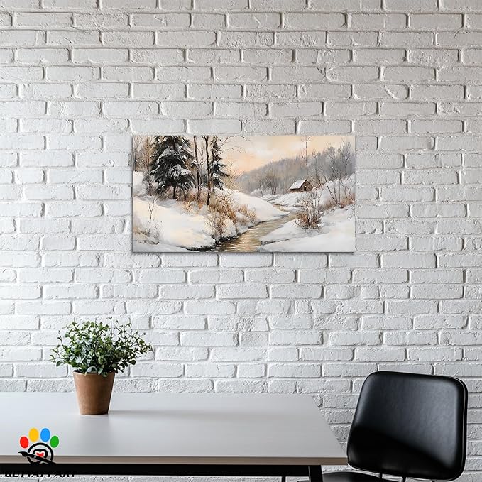 GUTTATY Christmas Winter Scene Canvas Wall Art, Snowy Landscape Wall Painting, Tranquil River Cabin Canvas Prints, Winter Poster Wall Decor for Living Room, Bedroom, Holiday Home, 48x24 Inch