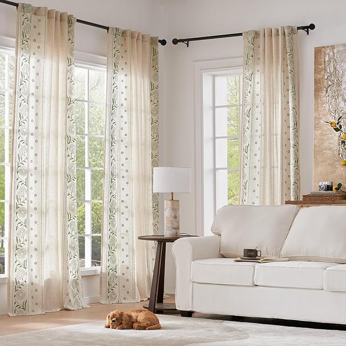 jinchan Winslow Linen Curtains for Bedroom 63 Inches Length Embroidered Bordered Floral Curtains for Living Room Farmhouse Decor Light Filtering Window Treatments Sage on Beige Drapes 2 Panels