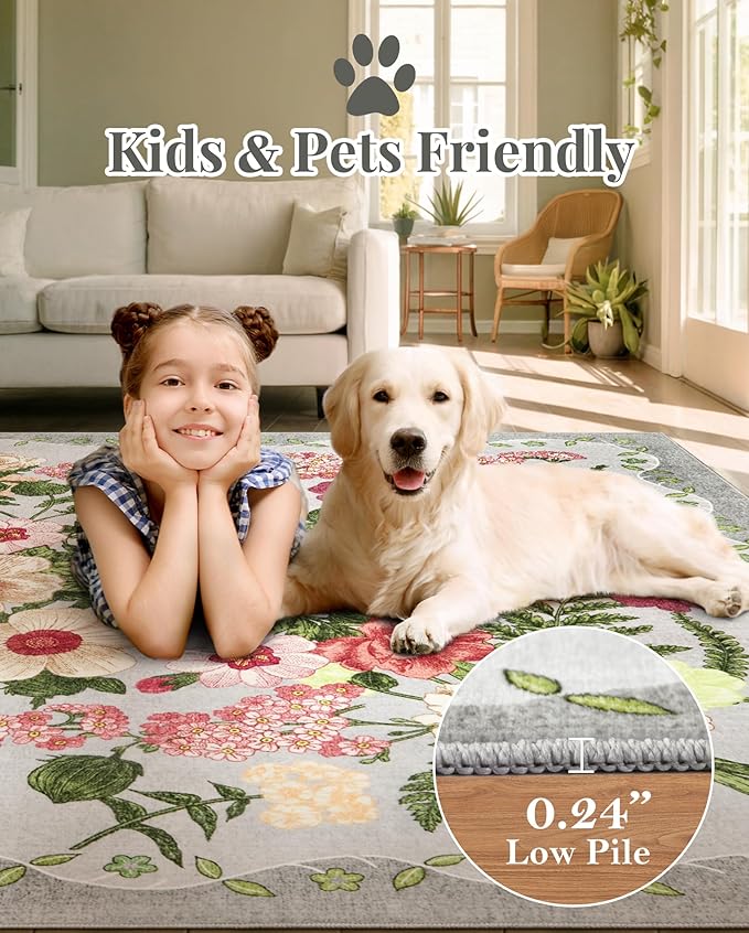 Floral Runner Rug 2x6 - Washable Vintage Kitchen Rug Low Pile Non-Slip Carpet for Entryway Hallway, Laundry, Bedroom - Soft, Stain Resistant Indoor Area Rug - Grey