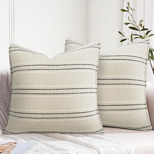20X20 Decorative Farmhouse Linen Throw Pillow Covers, Boho Textured Pillow Case Set of 2 ,Beige with White & Black Stitch Yarn Dyed Stripe Cushion Cover ,Modern Accent Square Pillowcase for Sofa Couch