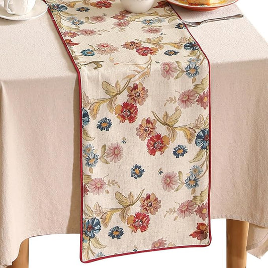 patdrea Designer Farmhouse Linen Thick Table Runner, Rustic Cottage Beige with Floral Pattern Fabric Table Mat, Decoration for Kitchen Dining Coffee Table Banquet Christmas , 12"*71"
