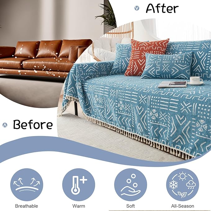 VClife Bohemian Couch Cover Sectional Sofa Cover Washable for L Shape Sofa, 1 PC Soft Chenille Couch Cover for 2 Cushion Couch - Boho Blue White Jacquard Loveseat Slipcover for Couch Bed, 71" x 118"