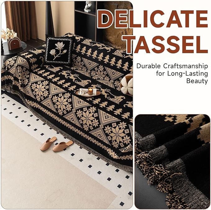 VClife Boho Couch Cover for Sofa, Anti Slip Chenille Sofa Cover for Sectional Sofa - 1 Piece Black Khaki Geometry Jacquard Sofa Slipcover, Pet-Friendly Couch Cushion Cover with Tassel 71"x 118"