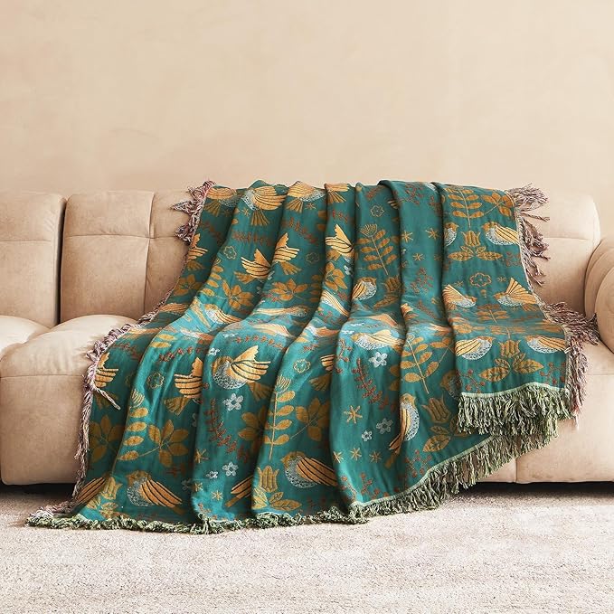 Boho Throw Blanket for Bed 100% Cotton Ultra Soft Rustic Quilt Queen Blanket Bird Floral Printed Farmhouse Decor Large Fall Bed Blankets,90"×98" All Season Rustic Throw for Sofa Couch Chair