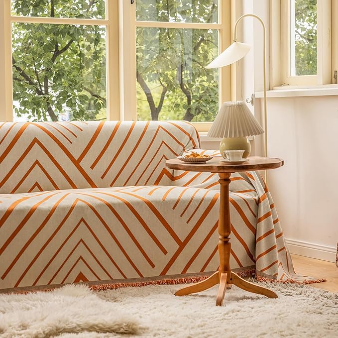 VClife Boho Farmhouse Couch Cover 71''x150'', 1 pc Washable Sofa Covers for 3 Cushion Couch Sofa Kids Soft Chenille Beige Pumpkin Herringbone Home Decor Couch Covers for Bed Sofa Living Room Slipcover
