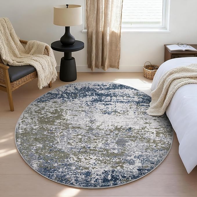 Modern Abstract 4x4 Round Area Rug Non Slip Non Shedding Rug Low Pile Stain Resistant for Bedroom Living Room Office Dining Room,Navy