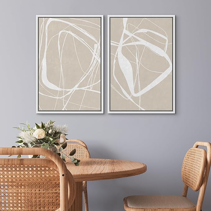 SIGNWIN Framed Canvas Print Wall Art Set Mid-Century Geometric Ring Pattern Abstract Shapes Cozy Neutral Minimalism Decorative Bohemian Relax/Zen for Living Room, Bedroom, Office - 24"x36"x2 White