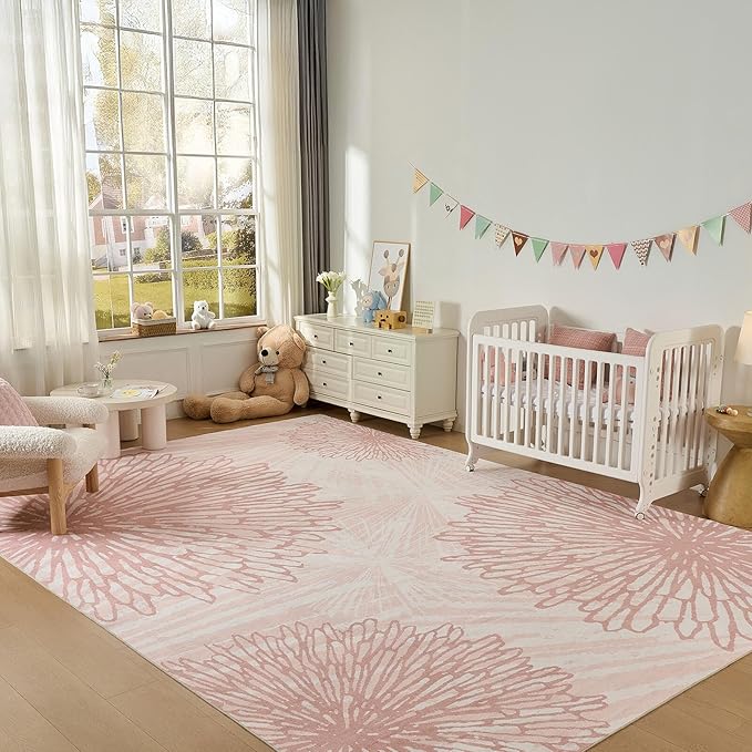 WITSHOCK Pink Rugs 10x14 for Bedroom Girls,Floral Modern Distress Print Pattern Carpet for Living Room Dining Room,Stain Resistant Anti Slip Backing Rugs for Kids Room Nursery Playroom,Light Pink