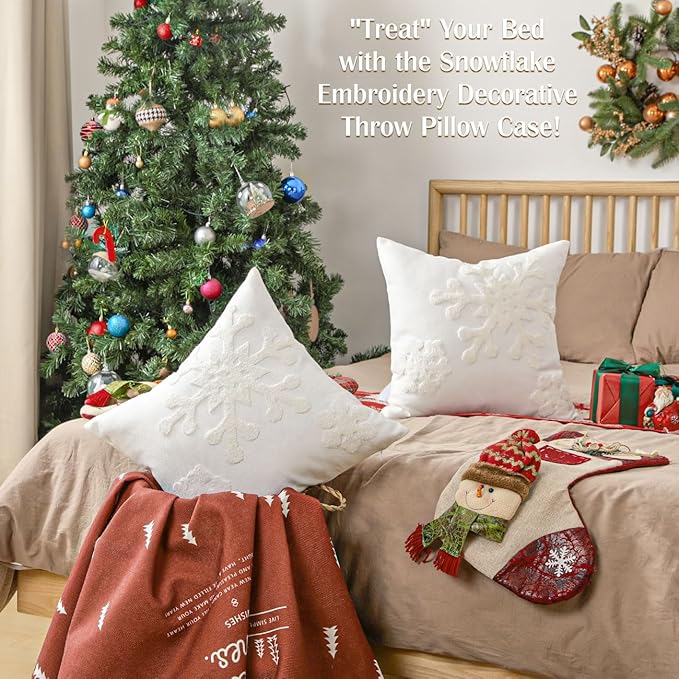 Lewondr Christmas Throw Pillow Cover, 2 Pack Snowflake Embroidery Decorative Throw Pillow Case Linen Sofa Cushion Cover for Party Thanksgiving Day Xmas Decor 16"x16"(40x40cm) - White
