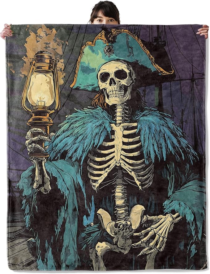 Spooky Skeleton Blanket, Cozy Flannel Pirate Throw Blanket, Soft Fuzzy Blankets for Travel Home Decor, All Season Lightweight Couch Bed Cover, Gifts for Women Adults Kids 60"×80"