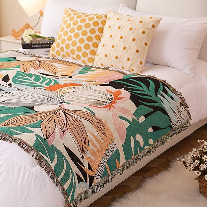 Double-Sided Cotton Woven Throw Blanket with Tassel Jungle Bohemian Style Tapestry Shawl Multi-Function Decorative Throws for Sofa Bed Armchair Camping Blanket Tablecloth Carpet 160x130cm