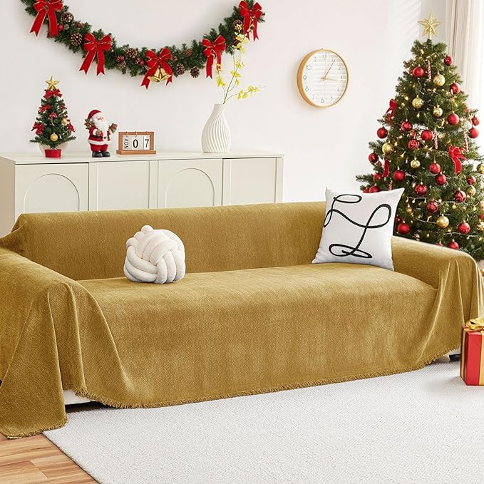 hyha Couch Cover for Dogs, Boho Sofa Covers for 3 Cushion Couch Washable, Chenille Sofa Slipcover for Pets, Soft Loveseat Sectional Couch Throw Blankets with Tassels (Yellow, 71x134 Inch)